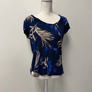 Blue/ Tan leaf floral cap Sleeve , Liz Claiborne blouse size medium Boat Neck